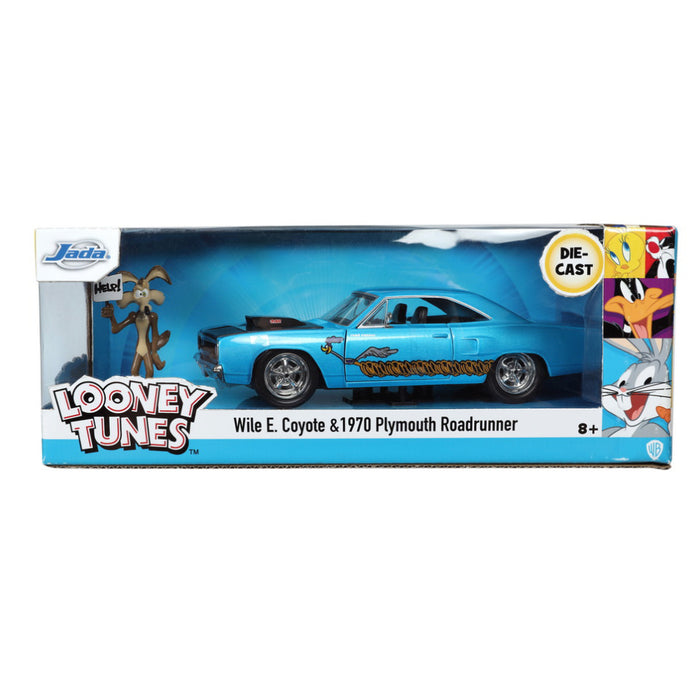 Set Looney Tunes Road Runner Masinuta Metalica  1970 Plymouth Scara 1:24 si Figurina Wile E Coyote